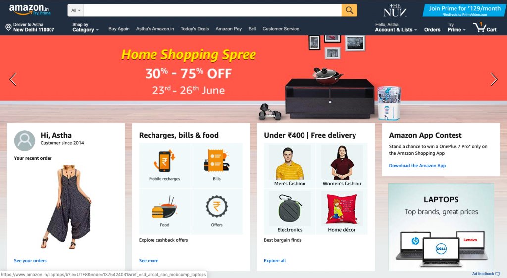 Amazons customized home page