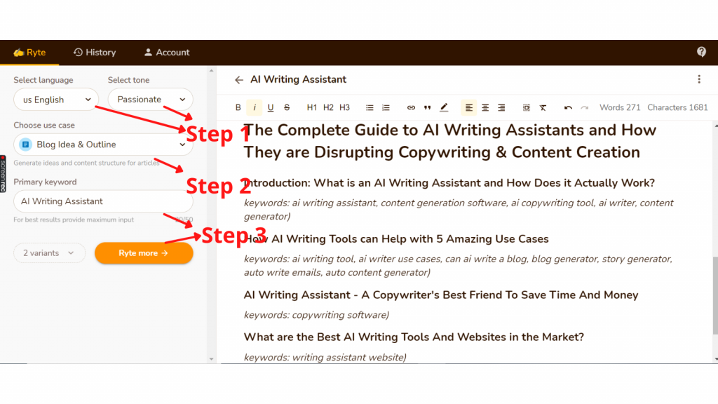 Rytr works as a simple writing assistant to write any form of content. It allows you to first choose from over 15 different languages it can write in. After that, it asks for the purpose of the content being written, i.e., email, blog or article. One can also choose a specific tone if needed. Finally, after selecting all the specifics, the AI asks for the data which needs to be inserted into the content and then the AI generates a result. The results depend heavily on the specificity and depth of the content given.